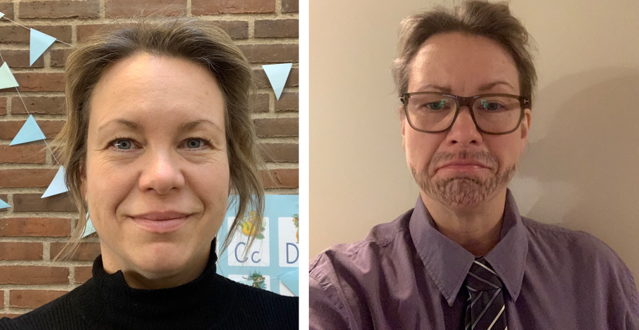 Til venstre ses Pia Kiemer Bonnesen i klasselokalet på Skåde Skole. Til højre er hun klædt ud som "NyhedsNiller" i forbindelse med online-undervisning.