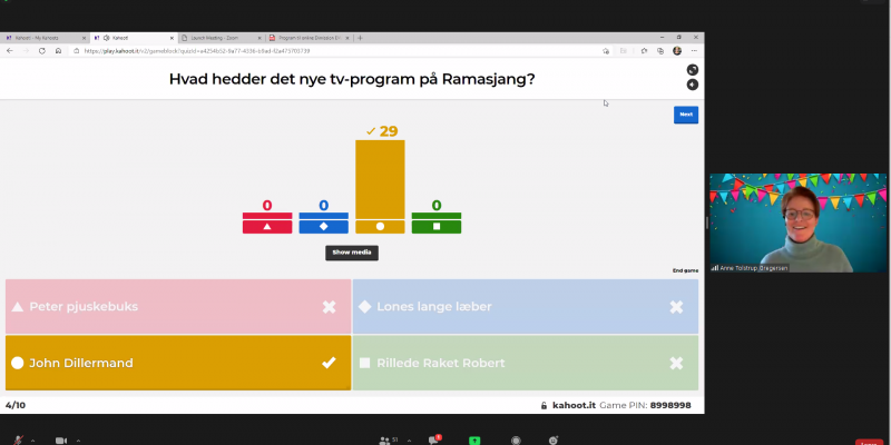 Kahoot-quiz, hvor alle har svaret rigtigt (John Dillermand) på spørgsmålet "Hvad hedder det nye tv-program på Ramasjang?"